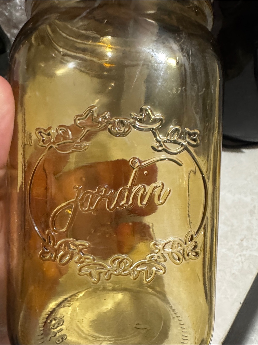Amber Glass Mason Jar with Embossed 'Jardin' Script